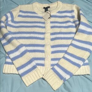 Striped Cream & Light Blue Button-Up Sweater Cardigan